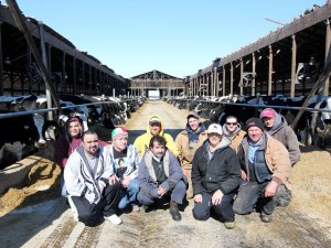 Duane and Marilyn Hershey (front right) can't say enough about how their team of employees pulled together to free cows, restore order and keep 600 cows fed and milked in the hours after the roof collapsed Feb. 14 on about three-quarters of the main freestall barn at Ar-Joy Farms, Cochranville, Pa . They are pictured here with adaptable bovines eating TMR calmly under the open sky behind them three days later on Feb. 17